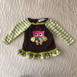Rare Editions brown and green striped owl dress 18 months